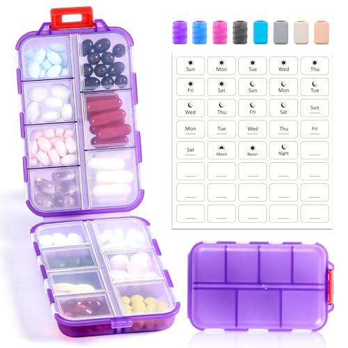 14 GRIDS Travel Pill Organizer Box with Labels - Travel Medicine Case Kit - Pocket Daily Pharmacy Container - Travel Medication Holder Dispenser for Fish Oil Vitamin Supplement Storage - Clear Purple - color: Clear-purple, size: with White Labels