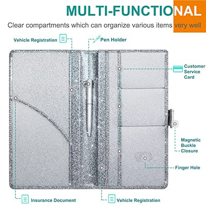 RSAquar Car Registration & Insurance Holder - Leather Glove Box Organizer, Cool Accessories for ID, Driver's License Cards & Essential Documents, Men & Women, Glitter Gray - color: Glitter Gray