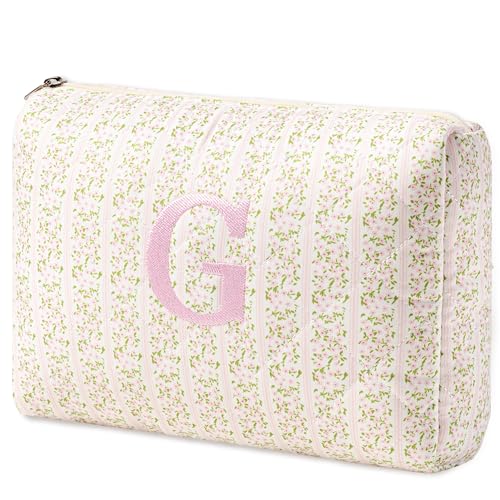 HBselect Initial Quilted Makeup Bag, Pink Cosmetic Travel Toiletry Bag, Flowers Coquette Zipper Make Up Pouch Organizer Teen Girl Gift Trendy Stuff G - color: 1Pc Medium Pinkflower, style: G