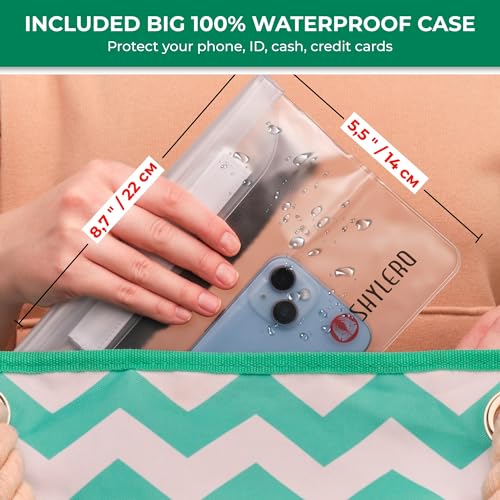 Beach Bag and Pool Bag Has Cooler Pocket, 7 Pockets Total, Zip Top. Family Size Waterproof Beach Tote - color: Turquoise Green Turtle