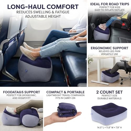 Inflatable Foot Rest, Carseat Inflatable Foot Rest Pillow, Airplanes Inflatable Foot Rest Cars, Travel Footrest Pillow for Home Office,Trains (Gray Splicing Navy Blue 2 Count), 14.5" L×11.8" W×7.9”H