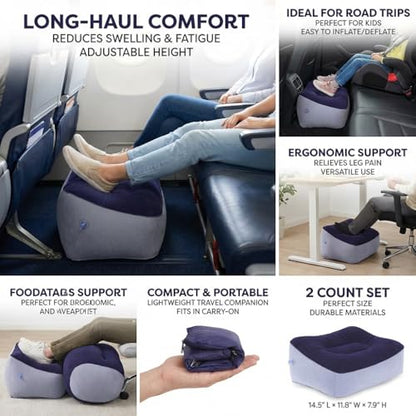 Inflatable Foot Rest, Carseat Inflatable Foot Rest Pillow, Airplanes Inflatable Foot Rest Cars, Travel Footrest Pillow for Home Office,Trains (Gray Splicing Navy Blue 2 Count), 14.5" L×11.8" W×7.9”H