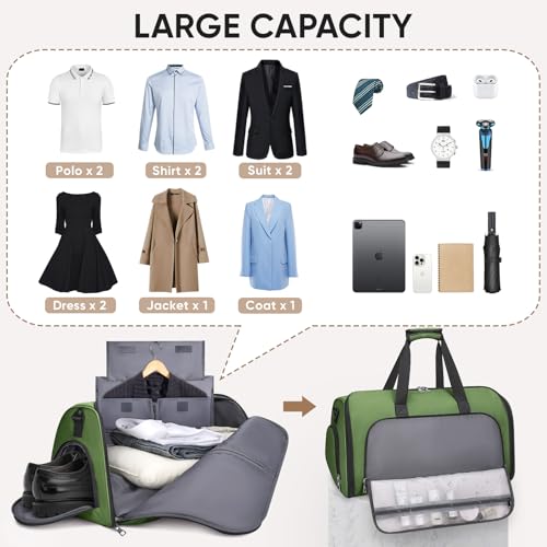 BALEINE Travel Garment Bag, Travel Suit Bag for Men, Water Resistant Carry on Garment Bag for Hanging Clothes, Garment Duffel Bag for Travel Business (Green-Convertible) - color: Green-Convertible