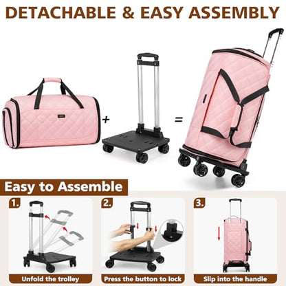 Rolling Garment Bags for Travel - Carry on Convertible Garment Duffle Bags with Wheels for Men Women, 4 in 1 Large Travel Duffel Bags with Shoes Compartment Hanging Suit Dress Weekender Bag 4pcs Set - color: Pink