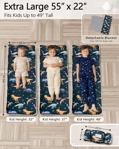 Primlect Toddler Nap Mat Extra Large Thickened 55''x35'', Soft Sleeping Bag with Detachable Minky Blanket and Pillow, Portable for Daycare, Preschool, Kindergarten, Travel, Boys and Girls - color: Green Dinosaur