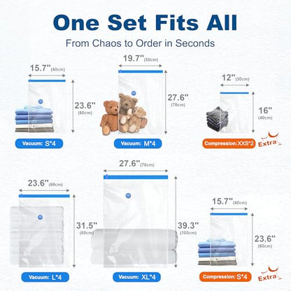 HOUSE DAY 22 Pack Vacuum Storage Bags with Pump,Space Saving Vacuum Seal Bags For Clothing Travel,4 Jumbo/4 Large/4 Medium/4 Small, 4S Roll/2XXS Roll Bags, Hand Pump Included, Sealer Clothes Storage - size: 22 Combo