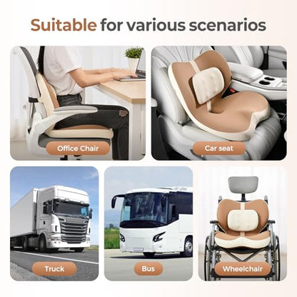 FLORICH 2 in1 Truck Seat Cushion and Lumbar Support Pillow Memory Foam Car Seat Cushion with Adjustable Strap for Truck Driver Long Drives, Fits Semi Truck Seat,Car,Office&Gaming Chair(Brown)
