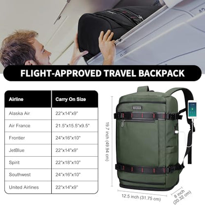 WITZMAN Travel Backpack for Men 35L Carry-on Laptop Backpack Luggage Fit 16 inch TSA Friendly Flight Approved with Shoe Compartment for Airplanes（B718 Army Green） - color: Army Green