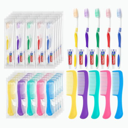 Disposable Toothbrushes with Toothpaste and Comb in Bulk, Individually Wrapped Soft Bristle Travel Size Basic Hygiene Kits, for Travel Hotel Camping Charity Homeless Shelter Donation in 5 colors (25)
