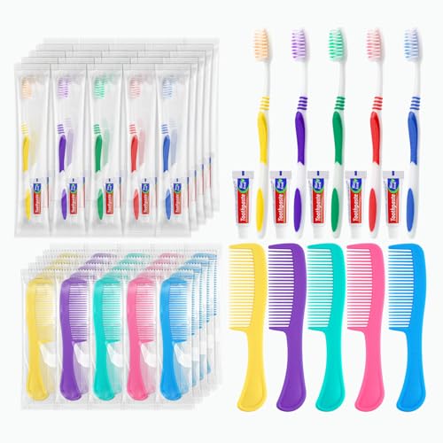 Disposable Toothbrushes with Toothpaste and Comb in Bulk, Individually Wrapped Soft Bristle Travel Size Basic Hygiene Kits, for Travel Hotel Camping Charity Homeless Shelter Donation in 5 colors (25)