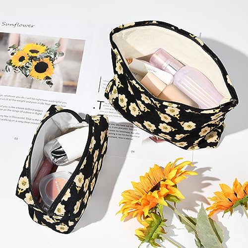 SOIDRAM 2 Pieces Flower Makeup Bag Large Cosmetic Bag Capacity Canvas Mix Travel Toiletry Bag Organizer Cute Makeup Brushes Aesthetic Accessories Storage Bag for Women, Flower Mix Black - color: Black Flower