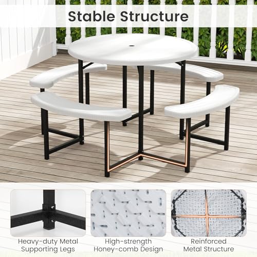 Tangkula 8 Person Picnic Table, HDPE Outdoor Round Table and Bench Set with 4 Built-in Benches, Umbrella Hole, Metal Frame for Garden Yard Patio Lawn - color: White