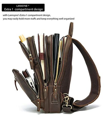 LANNSYNE Full Grain Leather Sling Bag For Men Crossbody Chest Daypack fits 10.5" iPad - color: Brown for 10.5" Ipad