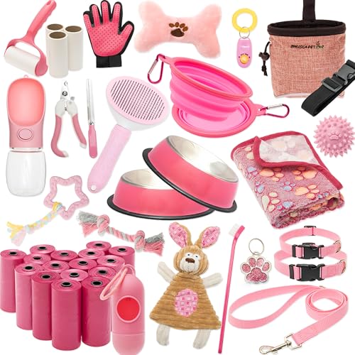 FLYSTAR Puppy Supplies Starter Kit - 42 pcs Puppy Essentials Includes Dog Squeaky Toys, Collar, Leash, Treat Bag, Poop Waste Bag, Blanket, Bowls, Water Bottles, Brush, Training Clicker and More. - color: Pink, size: 42 pcs