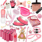 FLYSTAR Puppy Supplies Starter Kit - 42 pcs Puppy Essentials Includes Dog Squeaky Toys, Collar, Leash, Treat Bag, Poop Waste Bag, Blanket, Bowls, Water Bottles, Brush, Training Clicker and More. - color: Pink, size: 42 pcs