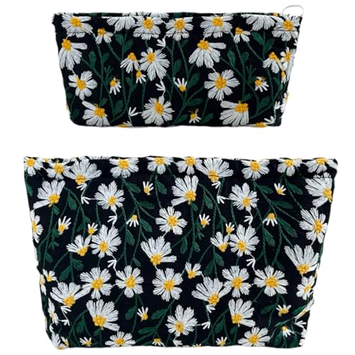 2 Pcs Makeup Bags, Large Cosmetic Bag Travel Toiletry Bag Organizer for Women, Embroidery Craft, Floral Makeup Bag Small Cosmetic Pouch Purse with Zipper Gifts for Girls Teen - color: A02-Black