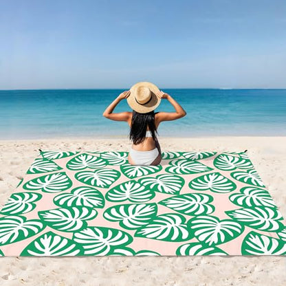Beach Blanket Waterproof Sandproof, 9 Ft X 10 Ft Extra Large Sand Free Beach Mat, Big Compact Lightweight Quick Drying Picnic Blanket with 4 Stakes & Pockets for Camping, Travel, Hiking - color: Palm Leaf, size: 9x10 FT (1～8 Person)
