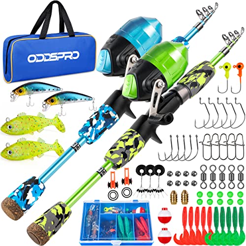 ODDSPRO Kids Fishing Pole Pink, Portable Telescopic Fishing Rod and Reel Combo Kit - with Spincast Fishing Reel Tackle Box for Girls, Youth - color: 2 pack (Blue+Green), size: 4.92 ft