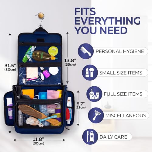 Extra Large (11.8”x11.8”x4”) Hanging Travel Toiletry Bag for Men and Women - Cosmetic Travel Bag With Shoulder Strap - Waterproof Hygiene Bag with Metal Swivel Hook and 19 Compartments for Toiletries - color: XXL Navy Blue
