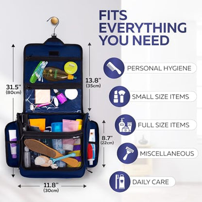 Extra Large (11.8”x11.8”x4”) Hanging Travel Toiletry Bag for Men and Women - Cosmetic Travel Bag With Shoulder Strap - Waterproof Hygiene Bag with Metal Swivel Hook and 19 Compartments for Toiletries - color: XXL Navy Blue