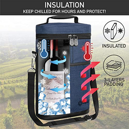 opux 2 Bottle Wine Carrier Tote, Insulated Leakproof Wine Cooler Bag, Wine Travel Bag for Picnic BYOB Beach, Portable Wine Bottle Carrying Case, Gift for Wine Lover Women Men Christmas, Navy - color: Heather Navy