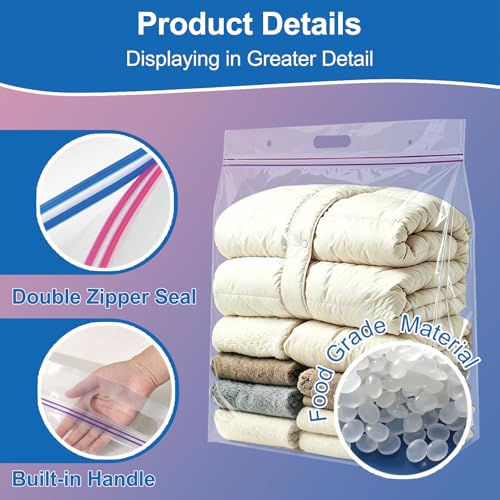 10 Gallon Jumbo Storage Bags with Handle, Pack of 12, 24 x 24 Inch Clear Plastic Heavy Duty Ziplock Handy Storage Bag, Resealable Extra Large Huge Zipper Storage Bag for Linens, Clothes, 3 Mil Thick - size: 10 Gallon - 12 Pack