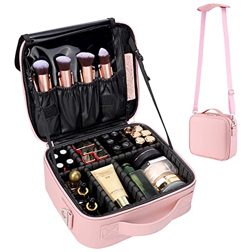 gzcz Travel Makeup Bag,Professional Cosmetic Bags for Women,Portable Makeup Brush Bag Organizer Storage with Adjustable Dividers and Shoulder Strap - color: Cute Pink, size: Small