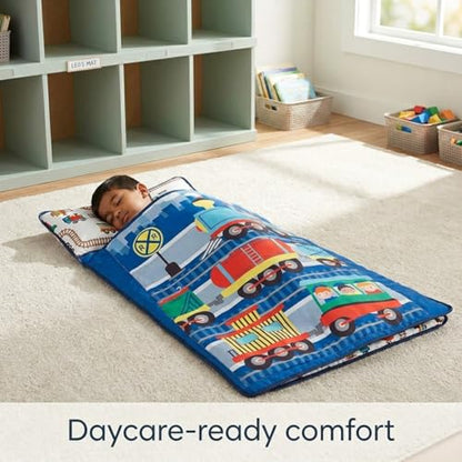 EVERYDAY KIDS Toddler Nap Mat with Removable Pillow -Choo Choo Train- Carry Handle with Fastening Straps Closure, Rollup Design, Soft Microfiber for Preschool, Daycare, Sleeping Bag - Ages 2-6 Years - color: Choo Choo Train