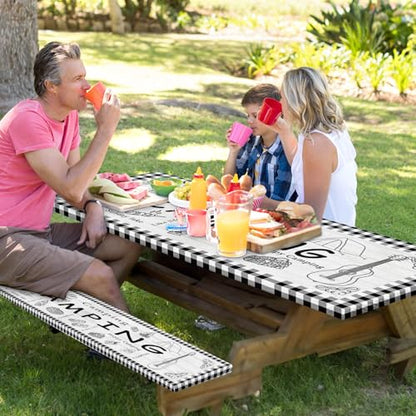 Picnic Table Cover with Bench Covers Elastic Edges, Farm Plaid Fitted Table Cover, Outdoor Patio Camping Essentials 60 Inch 3PCS, Waterproof Camping Fitted Tablecloth with Drawstring Bag - color: Plaid, size: 60in