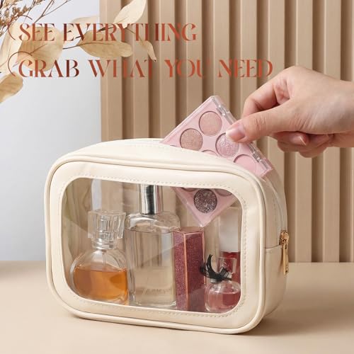 Abbylike 4 Pcs Beige Clear Makeup Bag PU Leather Tsa Approved Toiletry Bag with Zipper Transparent Waterproof Portable Cosmetic Bags Travel Car Clear Organizer Bags for Women Girl Mother's Day - color: Beige