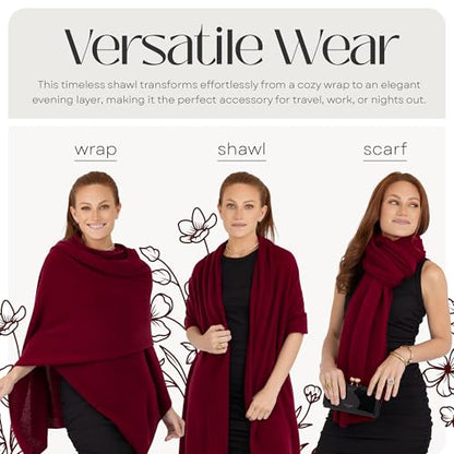 Velanio Cashmere 100% Cashmere Knitted Wrap Pashmina Shawl Extra Large Scarf Stole for Women Travel - color: Maroon