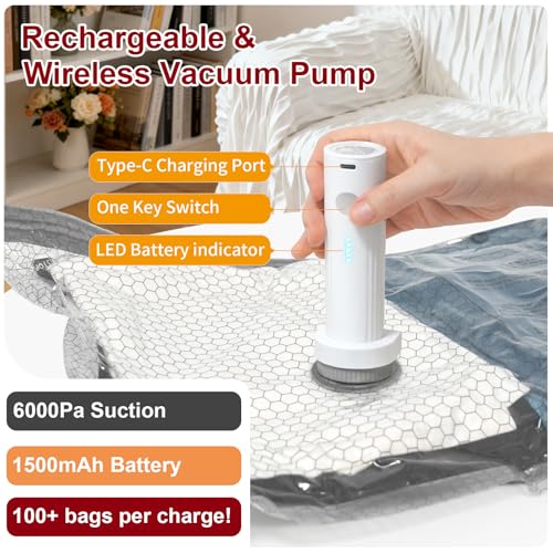 Rechargeable Wireless Pump Travel Storage Bags Set, 15 Combo (5XS/5S/5M) Portable Space Saver Bags for Travel & Home, Vacuum Compression Packing Seal for Clothes, Blankets, Home Seasonal Storage - size: 15 Combo (5XS/5S/5M)