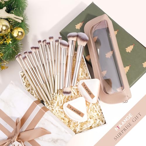 MAANGE Makeup Brush Set 19 PCS Travel Makeup Brushes Eyeshaowder Powder Concealers Foundation Professional Make Up Brush Set with Case (Gold) - color: Gold