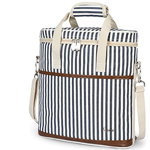 Tirrinia Insulated Wine Gift carrier - 3 Bottle Travel Padded Wine Carry Cooler Tote Bag with Handle and Adjustable Shoulder Strap, Stripe - color: Blue Stripe