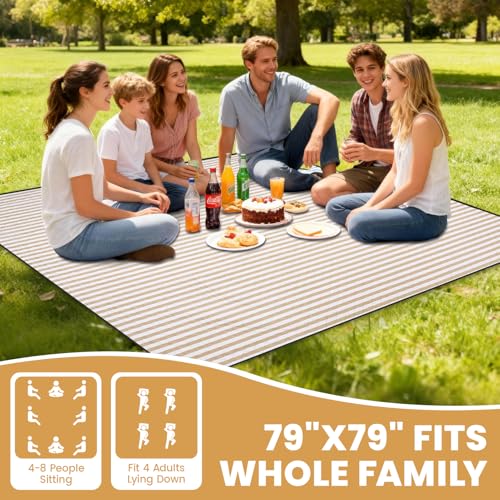 G GOOD GAIN Waterproof Picnic Blanket, 79"x79" Extra Large Beach Mat for 6 to 8 Adults, Machine Washable Outdoor Blanket for Camping, Grass, Park, Camping, Concerts, MiddleSand - color: Middlesand