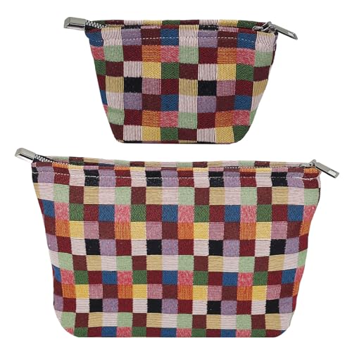 2 Pcs Checkered Makeup Bag Set Canvas Cosmetic Pouch for Women Large & Small Cute Preppy Aesthetic Travel Toiletry Pouch Organizer for Purse Skincare Brushes, Multicolor - style: Checkered Multicolor Canvas
