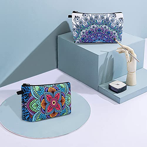 MAGEFY Makeup Bag, 2 Styles Travel Cosmetic Bag for Women Cosmetic pouch Elegant Blue Patterns Zipper Pouch Waterproof Makeup Pouch Cute (2 Packs, Peacock feather + Mandala pattern 0179) - color: 2 packs