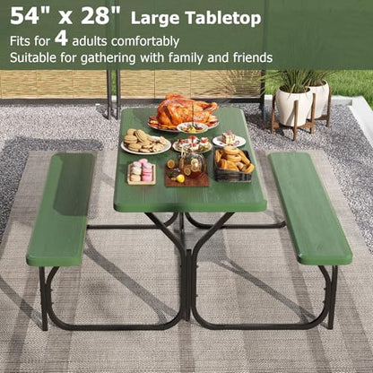 GYMAX Picnic Table, Picnic Bench Easy to Assemble w/All Weather Wood Grain Tabletop & Metal Frame, Picnic Tables for Outdoors Camping Backyard Deck Patio Poolside Dining Party - color: Green