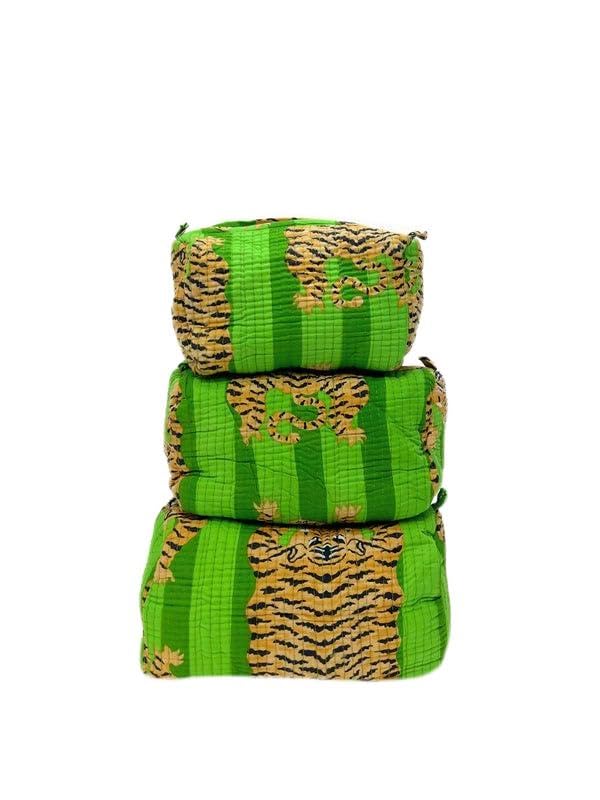 YILLE Set of 3 Pieces Block Printed Travel Organizer Kit Storage Bag for Women Makeup Bag Travel Cosmetic Bag (Green Fat tiger) - color: Green Fat tiger