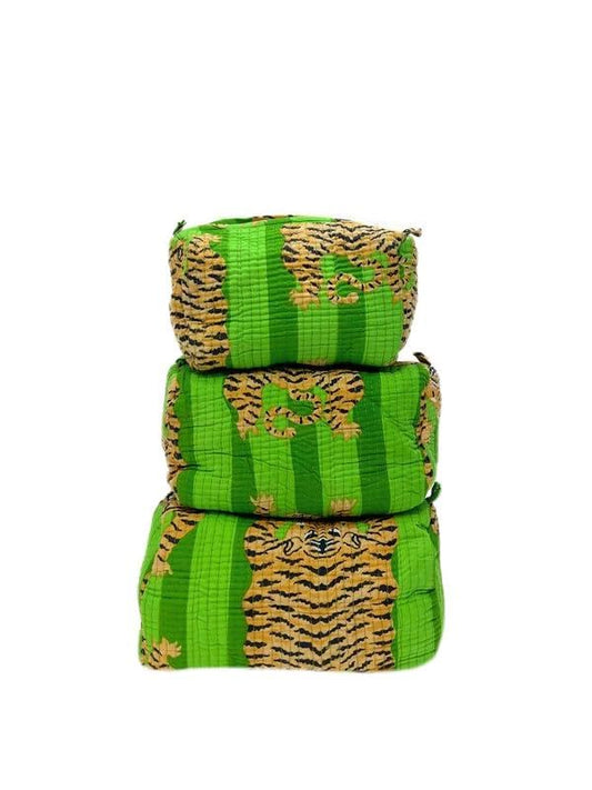 YILLE Set of 3 Pieces Block Printed Travel Organizer Kit Storage Bag for Women Makeup Bag Travel Cosmetic Bag (Green Fat tiger) - color: Green Fat tiger