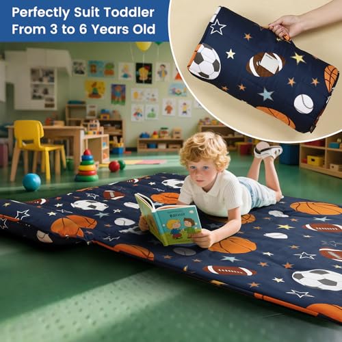 PHF Soft Toddler Nap Mat with Removable Pillow, Rollup Design Kids Sleeping Mat, Slumber Bags for Boys, 55"x23" Toddler Sleeping Bag for Daycare Preschool Travel Camping, Ball - color: Ball