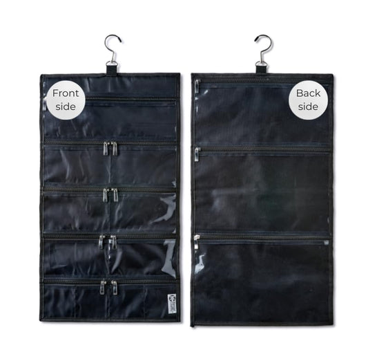 On-The-Go Organizer, 14 Clear Vinyl Pockets, Hanging Travel Case for Makeup and Accessories, 13.5 x 24 inches (Raven, Large) - color: Raven, size: Large