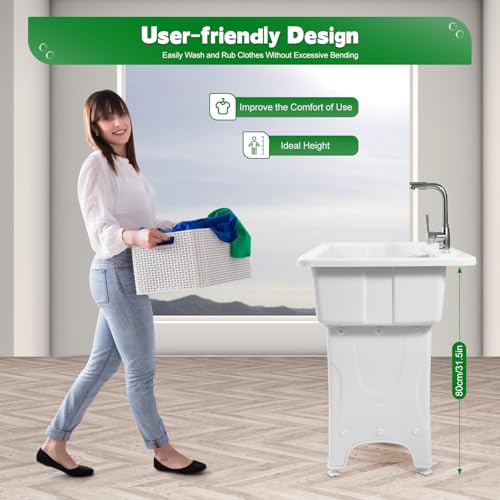 Freestanding Plastic Laundry Sink with Washboard, Indoor Outdoor Utility Sink with Cold and Hot Water Faucet, Hoses and Drain Kit for Laundry Room, Garage, Garden (31.5×22.05×31.5 Inch) - color: White, 31.5 x 22.1 x 31.5in