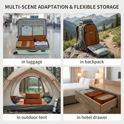 4 Piece Compression Packing Cubes for 3–7 Day Travel, Space Saving Travel Organizers with Breathable Mesh, Double-Zipper Packing Cubes for Carry-On & Suitcases (Brown) - color: Brown