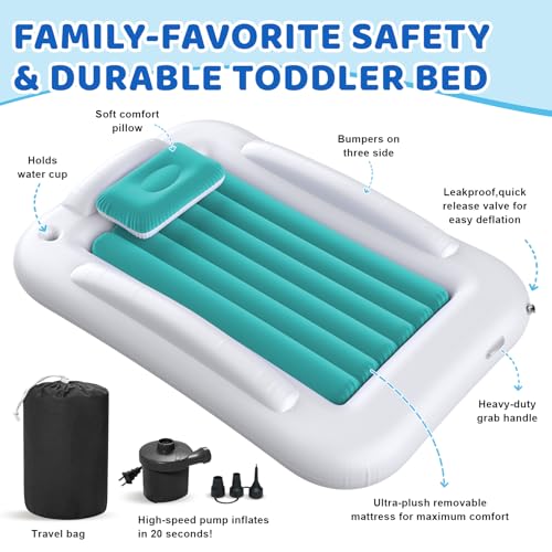 Inflatable Toddler Travel Bed - 60 Inches Portable Toddler Bed for Travel with Safety Sides - Cozy Kids Air Mattress Set with High-Speed Pump & Carry Case - Easy to Inflate(Teal Blue) - color: Teal Blue