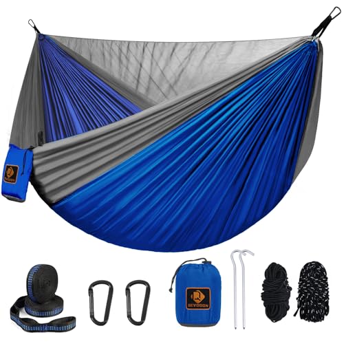 Camping Hammock, Portable Hammocks with Mosquito Net,Lightweight Nylon Parachute Hammock with 10ft Tree Straps,Camping Gear Must Haves for Travel Hiking Backpacking Beach Patio-Blue&Grey - color: Blue&grey, size: Large