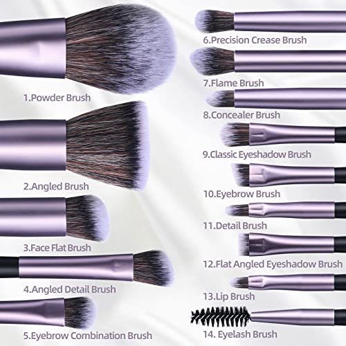 BS-MALL 14 Pcs Makeup Brushes Set with 1 Pcs Makeup Sponge – Essential Foundation Powder Concealers, Eye Shadows, Blush Makeup Brushes with Travel Makeup Case (Purple) - color: Purple