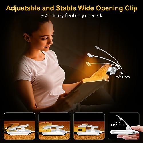 Gritin Rechargeable Book Light for Reading in Bed with 19 LED &Memory Function-Eye Caring 3 Color Temperatures,5 Brightness Levels,90 Hrs Runtime Flexible Goose Neck Clip on Light-White - color: White