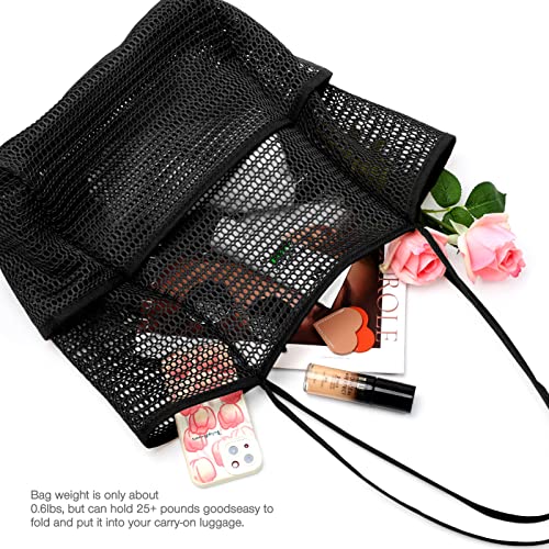 KPX Beach Bag with Mini Pocket, Summer Beach Tote Bags for Women Large Foldable Mesh Swimming Pool Travel Bags - Sandproof - color: Black