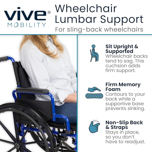 Vive Wheelchair Lumbar Support Cushion for Sling Back Wheel Chairs - Chair Pad for Back Pressure Relief - Memory Foam Backrest - Fits Most Wheelchairs & Transport Chairs - Improves Posture - size: 18"x15"x3"